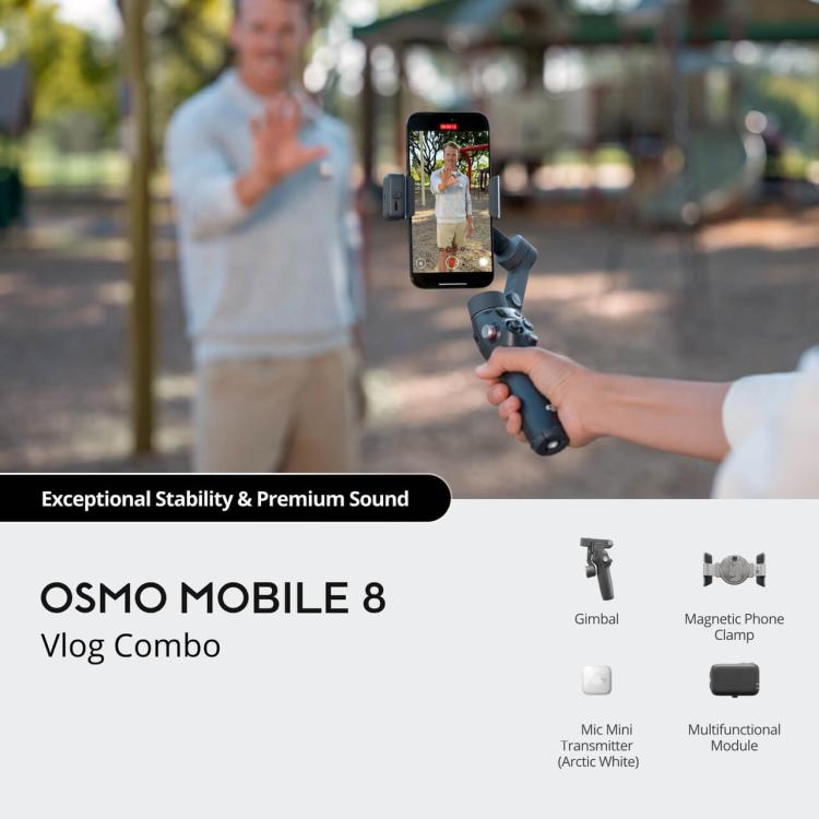 Original Osmo Mobile 8 Vlog Combo With Mic Mini Transmitter, Vlog Combo White, Vlog Combo Black